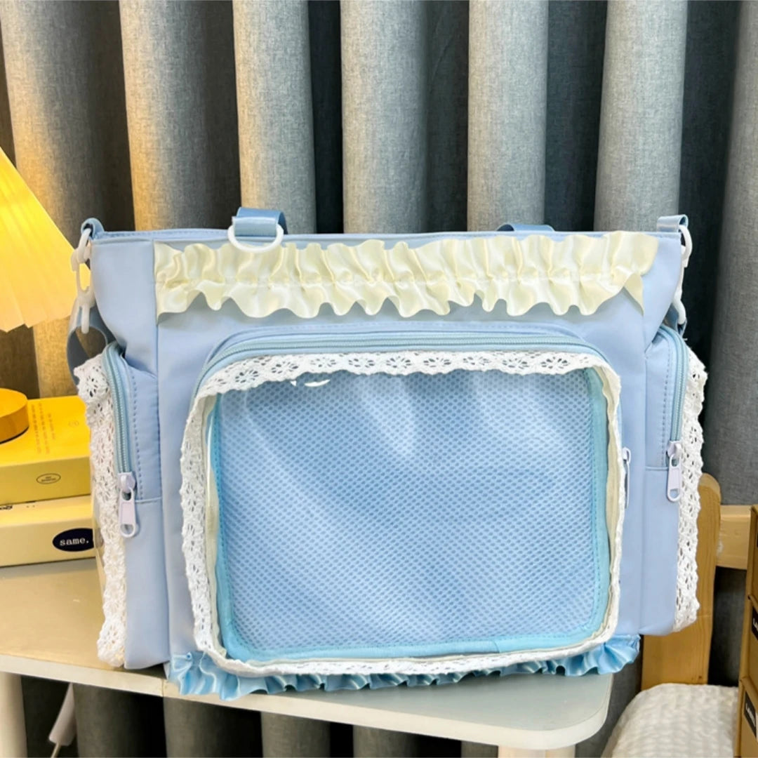 Sweet Lolita Single Shoulder Crossbody Bag Transparent Window Lace Ruffles Anime Badge Display Bag for Women