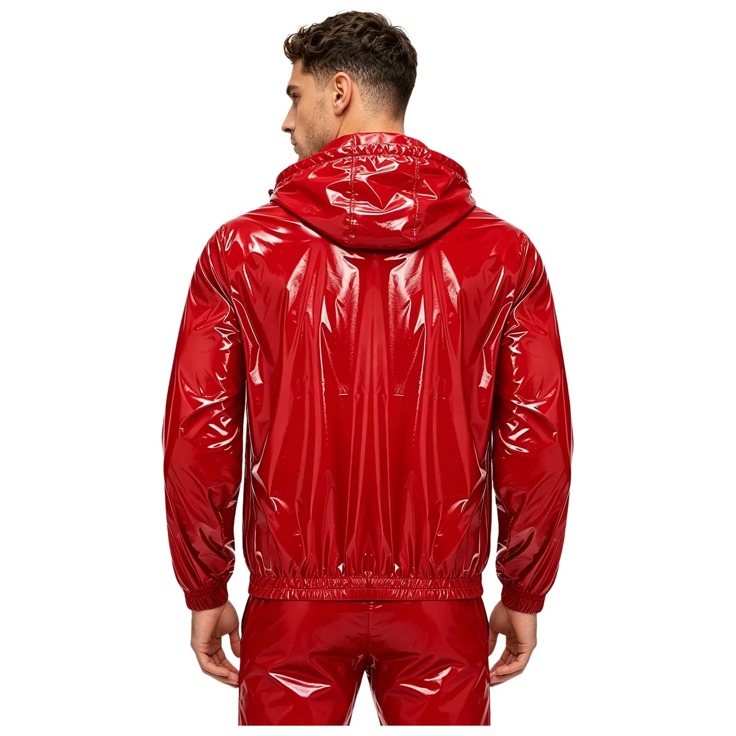 Men Shiny Glossy Hooded Jacket Windbreaker Raincoat for Hiking Fishing Biking Long Sleeve Front Zip-up Drawstring Hood Outerwear