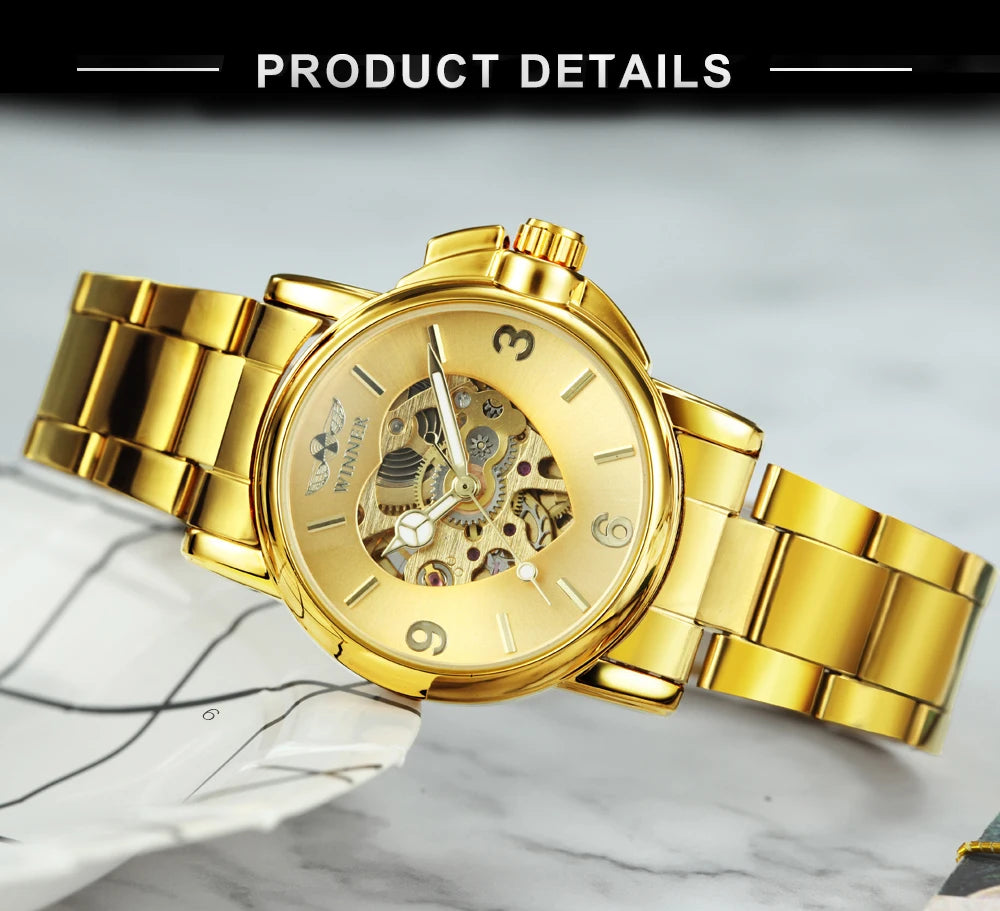WINNER Fashion Elegant Ladies Watches Top Brand Luxury Skeleton Gold Automatic Mechanical Watch for Women Stainless Steel Strap