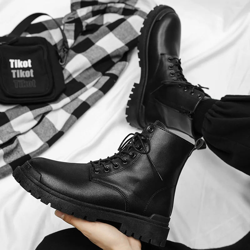 Leather Black Men's Biker Boot Fashion YoungWaterproof Trendy Boots Man Autumn Winter High Top ClassicBasic Shoe
