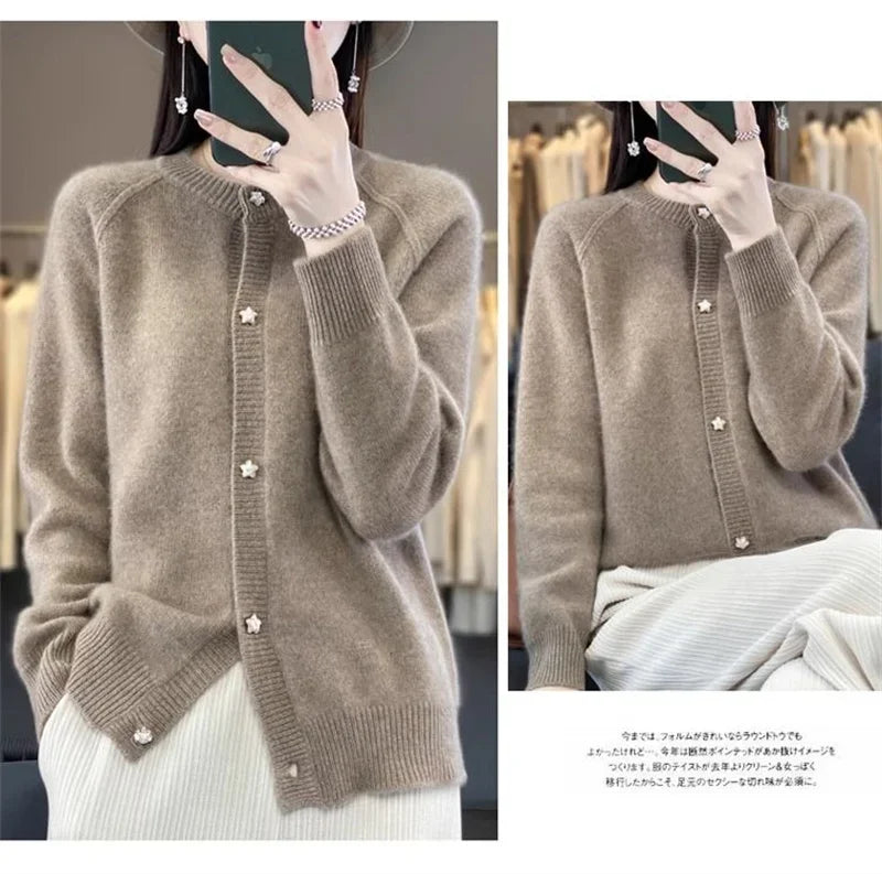 New Women Cardigan Sweater Autumn/Winter Round Neck Star Button Solid Knit Bottoming Shirt Jacket Quality Knitwear Female Tops