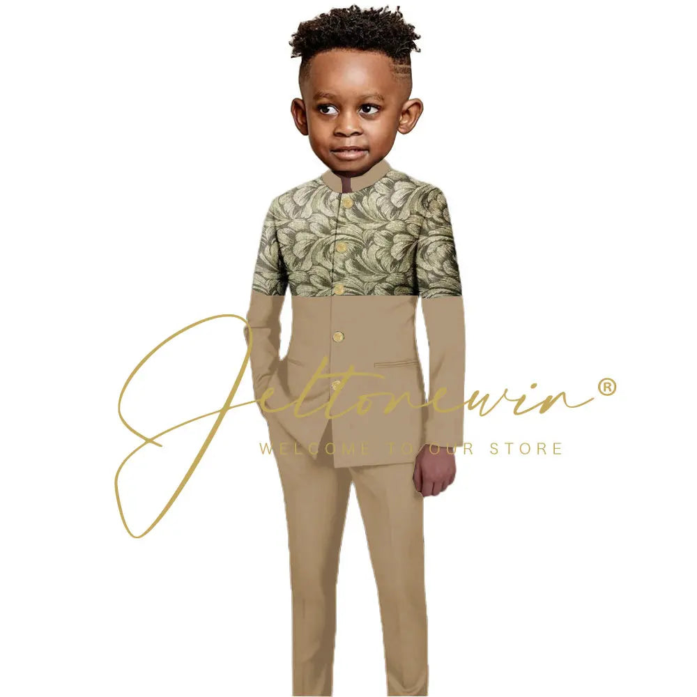 African Style Boys Suit Burgundy Gold Floral Jacket Pants 2 Piece Set Stand Collar Blazer Wedding Tuxedo Kids Formal Party Dress
