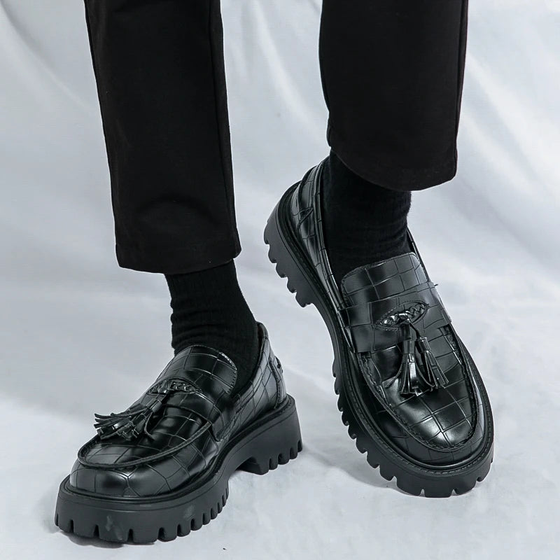 Men's thick soled leather shoes Gentleman retro elegant style Business Office Leisure 38-46 Adult thick soled loafers Black Gray