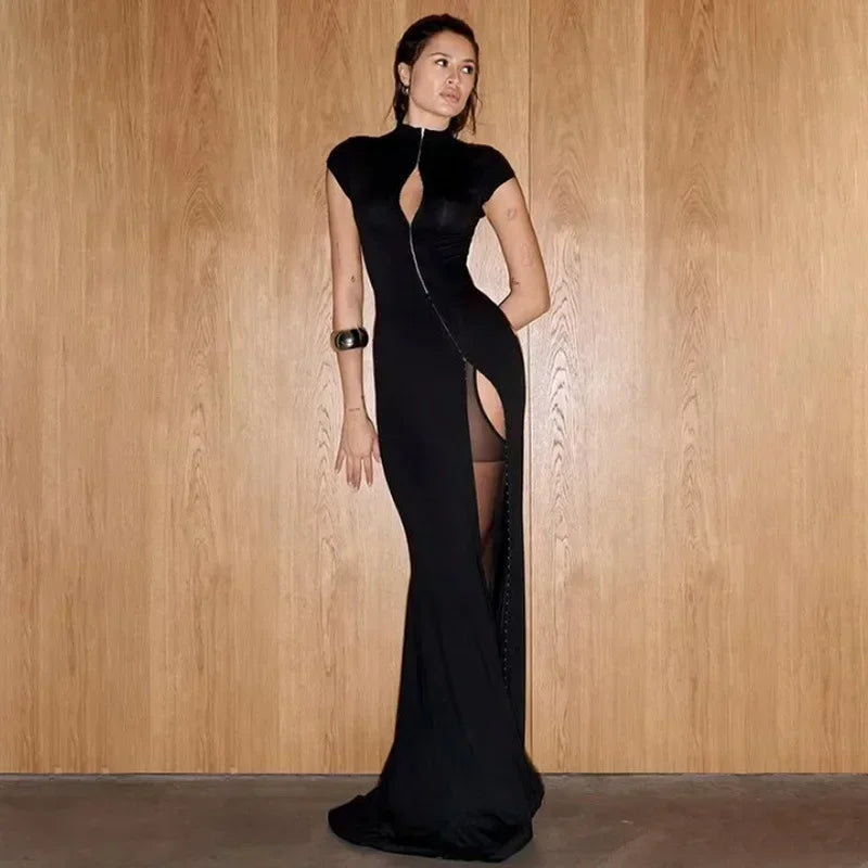 Y2k Black Hollow Out Slit Dress Women Solid Short Sleeve High Neck Slim Fit Maxi Dresses Lady Fashion Evening Party Club Robe