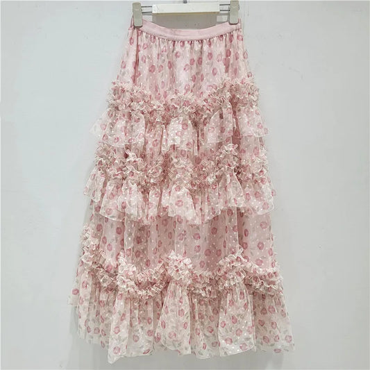 Long Printed Skirt - Women's Spring Summer 2026 New French Romantic Design, Exquisite Mesh A-line Cake Skirt