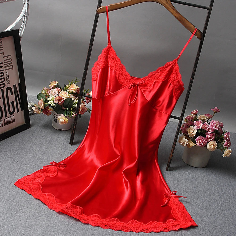 Ladies Sexy Silk Satin Night Dress Nightgown Sleeveless Lace Lingerie Sleepwear Ladies Wrap Dress Robe Sleepwear