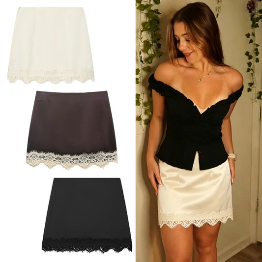 Women's Skirt With Lace Black High-Waisted Skirt Pants Summer Side Zipper Slim-Fitted Mini Skirt Women's Fashion Party Skirt