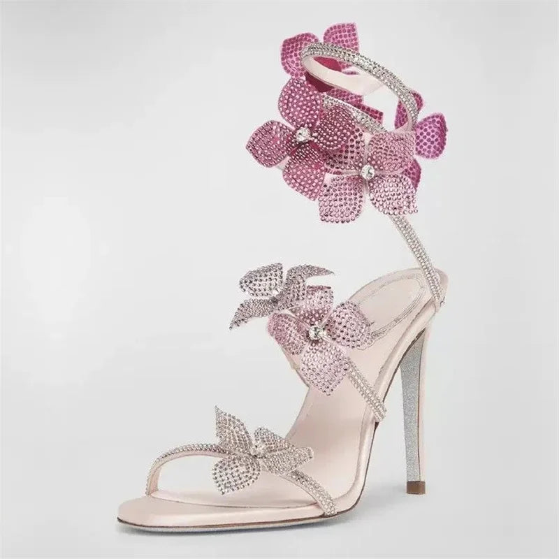 Aneikeh Sexy CRYSTAL Flower Narrow Band Ankle Strap Sandals Woman Thin High Heels Street Style  Pole Dancing Ladies Shoes