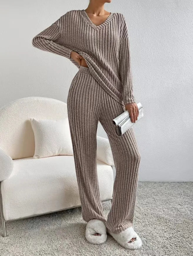 Fashionable Knitted Two-Piece Set Casual V-Neck Long Pants Autumn Winter New Style Loose Fit Korean Style Comfortable Polyester