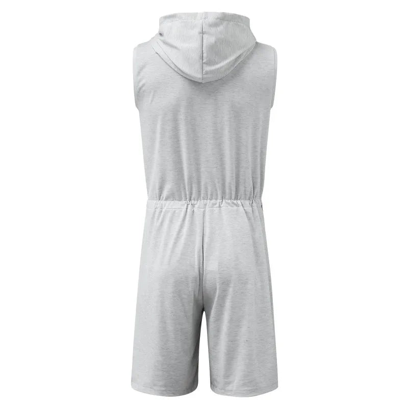 Men Short Jumpsuit Tight Sleeveless Bodysuit Zipper Hooded Rompers Short Pants Casual Home Wear Tracksuit Pajamas