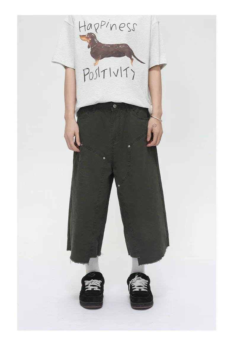 Men's Clothing | Tooling Logging Rough Edge Pure Cotton Loose and Simple Seven-point Denim Casual Pants