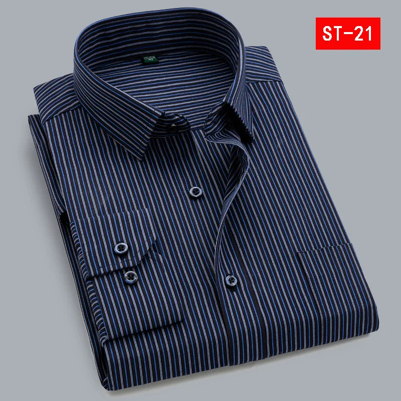 Quality Plus Size S To 8xl Formal Shirts for Men Striped Long Sleeved Non-iron Slim Fit Dress Shirts Twill Social Man's Clothing