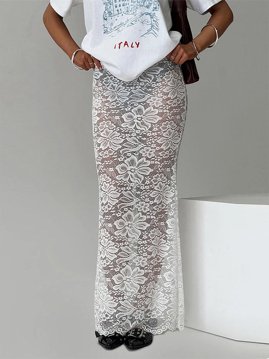 Women's Skinny Skirt Fashion Elegant Solid Color Aesthetic Sheer Lace Floral Long Skirt for Travel Beach Shopping New Streetwear