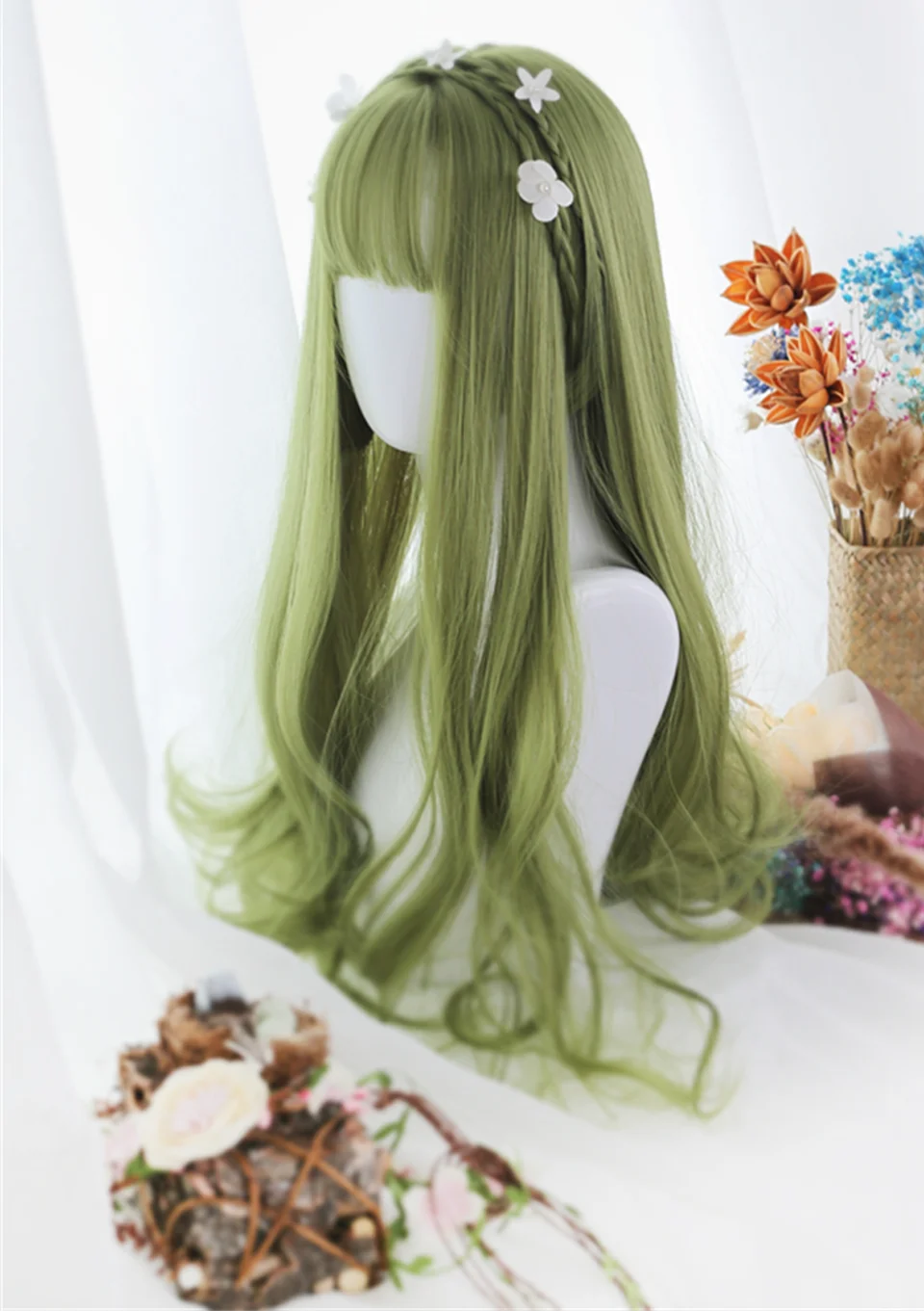 XIYUE Green Long Straight Synthetic Wigs for Women Natural Wave Wigs with Bangs Heat Resistant Cosplay Hair Halloween