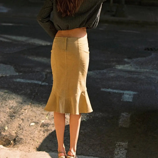 Vintage Embroidery Long Skirt Side Split Slim Fit Midi Skirt Ruffle Design Elegant Fishtail Skirt Women