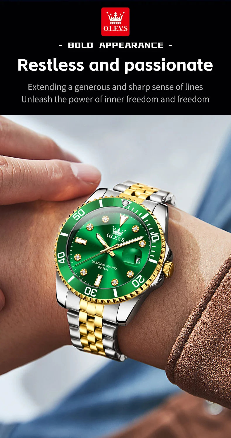 OLEVS Men's Watches Luxury Brand One-Way Timing Rotation Bezel Analog Original Quartz Watch for Men Submarine Series Wristwatch