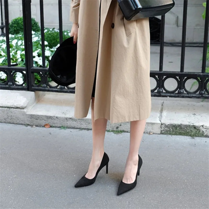 2025 Flock Leather Heels Women Pumps Bucket Pointed Toe High Heels Sexy Lady Shoes Thin Heels Chaussure Femme Autumn