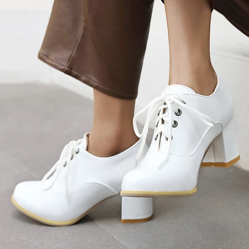 Women's Purple High Heels Loafer Shoes Fashion Lace-up Black White Block Heeled Party Wedding Office Shoes Female Big Size 45