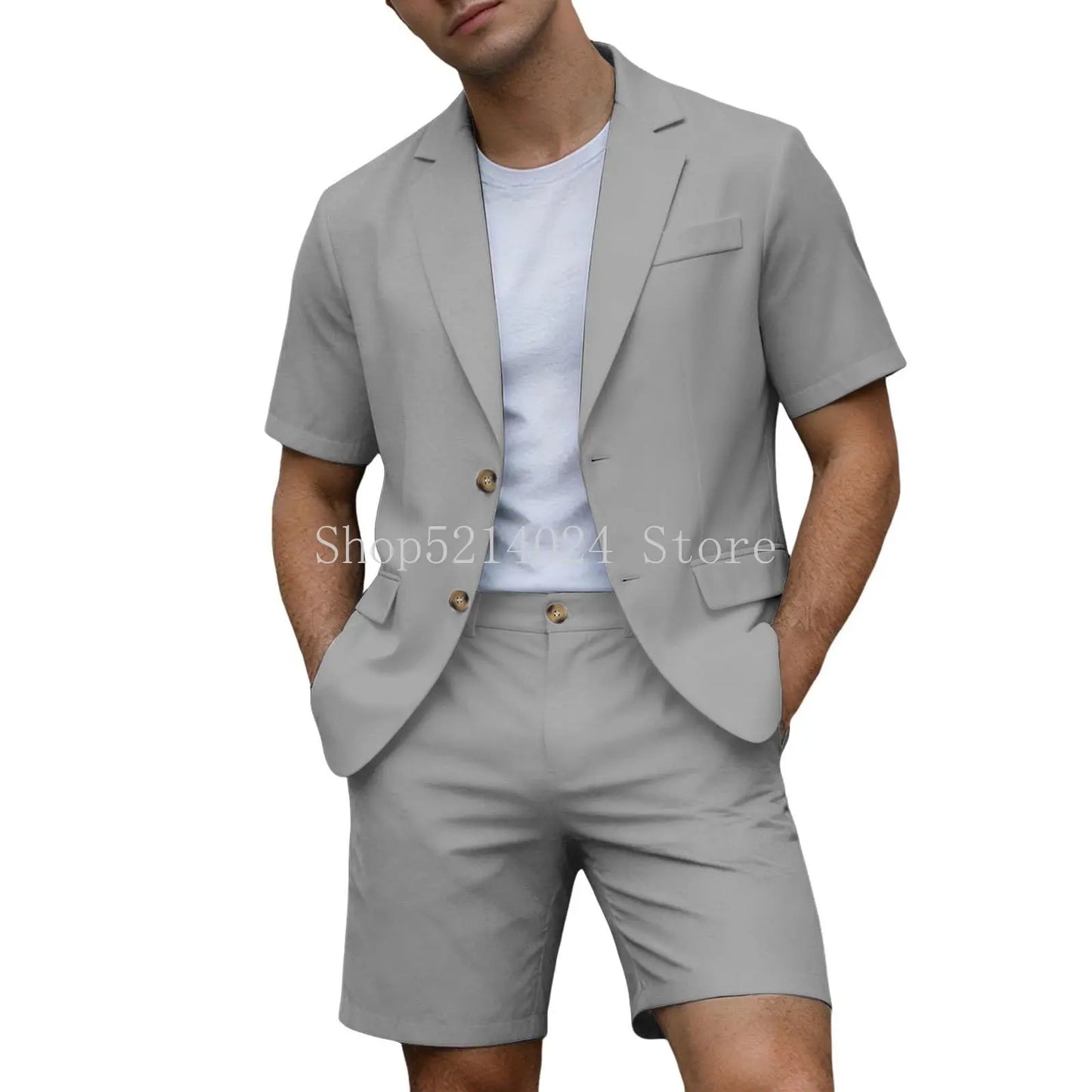 Suits for Men Short Sleeve Blazer Jacket Shorts Set Lightweight Wedding Party Business Casual Formal Outfits