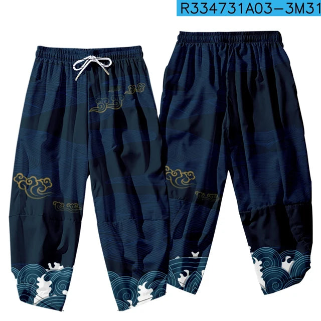 Men Yukata Style Harajuku Cardigan Traditional Japanese Great Wave of Kanagawa Crane Printed Trousers Asian Costume Kimono Pants