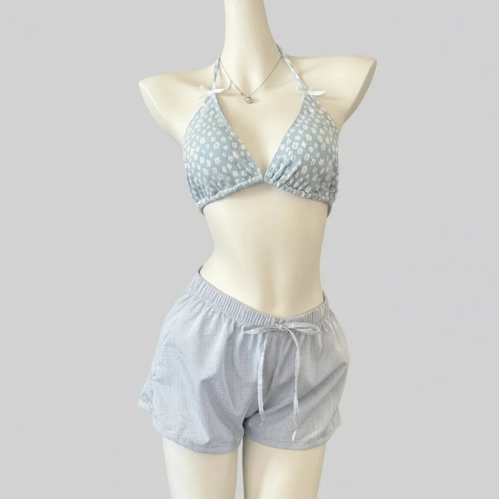Lace-up Women's Swimwear Set Beachwear Sun Protection 4Pieces Bikini Swimsuit Loose Mesh Transparent Bathing Suit Resort Wear