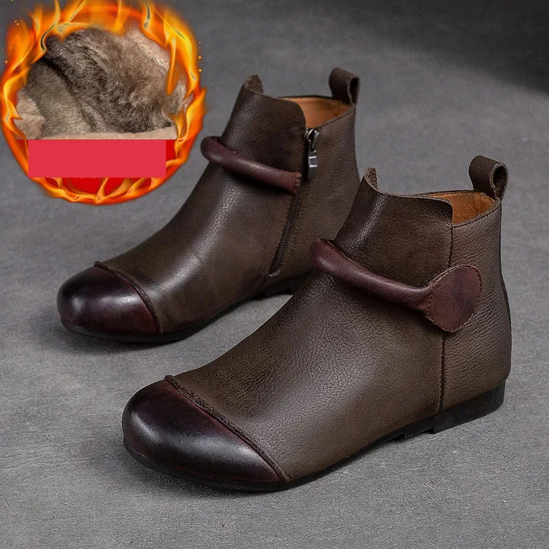 Retro Women Short Ankle Boots 2024 Autumn Winter Faux Cow Leather Slip-on Shoes Handmade Round Toe Light Weight Flat Booties