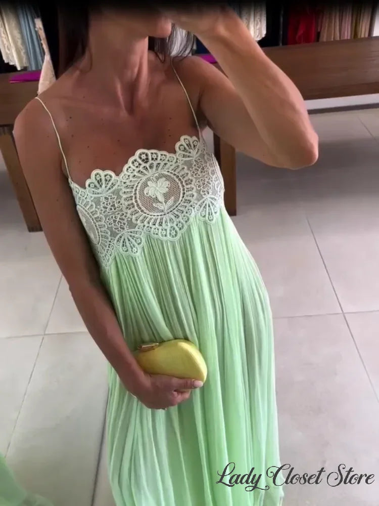 Women Lace Patchwork Pleated Slip Green Maix Dress Sexy Spaghetti Strap Sleeveless Backless 2026 Summer Vacation Beach Robe New