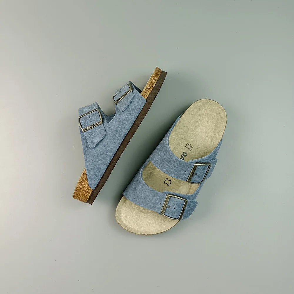Genuine Leather Men Women Cow Suede Slippers Boy Girl Beach Slides Classic Cork Footbed Women Sandals  With Orthopedic Diabetic