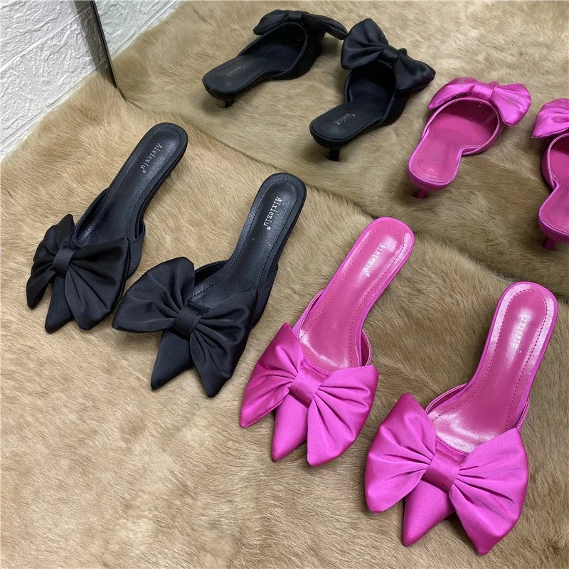 2024 Spring Pointed Toe Stiletto Heel Kitten Heels Bow Heel-Free Slippers for Women