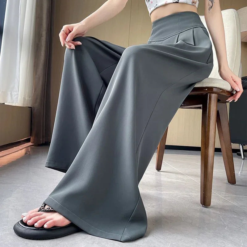 Lady Korean Solid High Waist Pants Girls Fashion Wide Leg Suit Trousers Women Slim Fit Comfortable Daily Slacks BAZAARHUBO