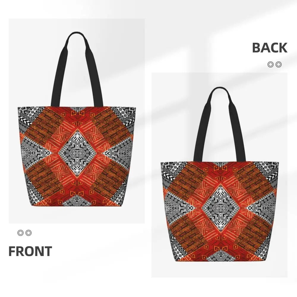 African Ankara Prints Grocery Shopping Tote Bags Women Geometric Ethnic Art Canvas Shoulder Shopper Bags Big Capacity Handbag