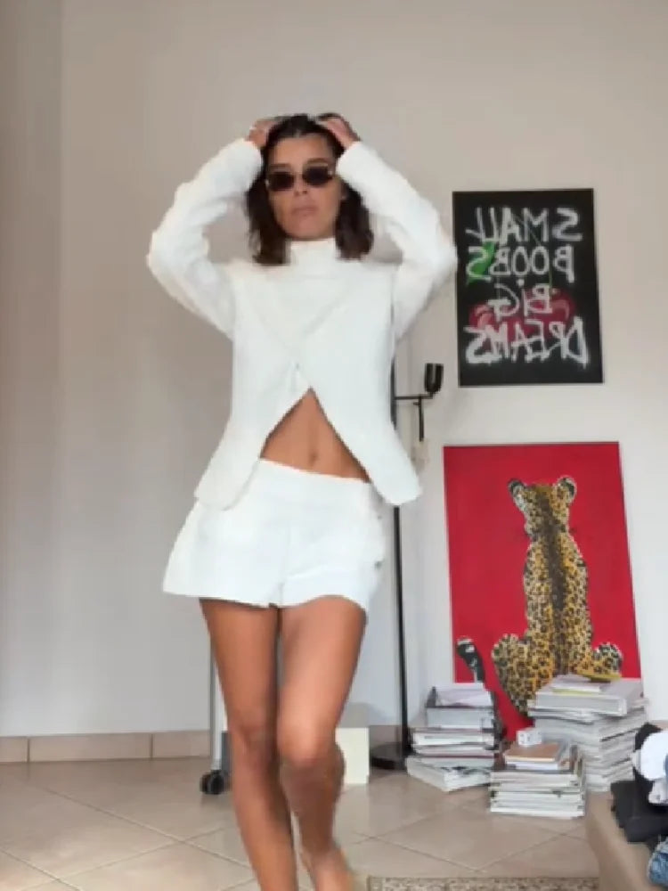Women's Elegant White Linen Two-piece Outfit Asymmetric Long Sleeved Stand Collar Blazer Jacket Cozy High Waist Shorts Set