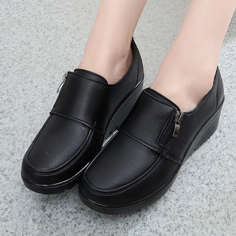 Women's Shoes Zip Womens Wedge Shoes Black Soft Sole Moms Shoes Non Slip Durable Women High Heels Comfortable Zapatos De Mujer