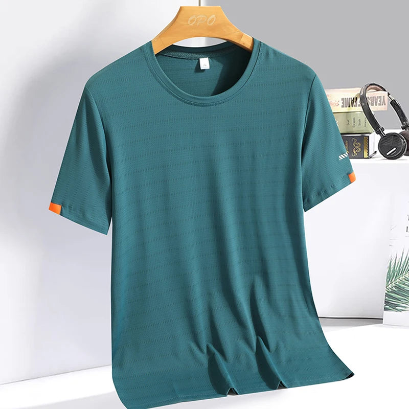 Summer ice silk short sleeved T-shirt for men and women, quick drying and breathable sports top, outdoor running duanT