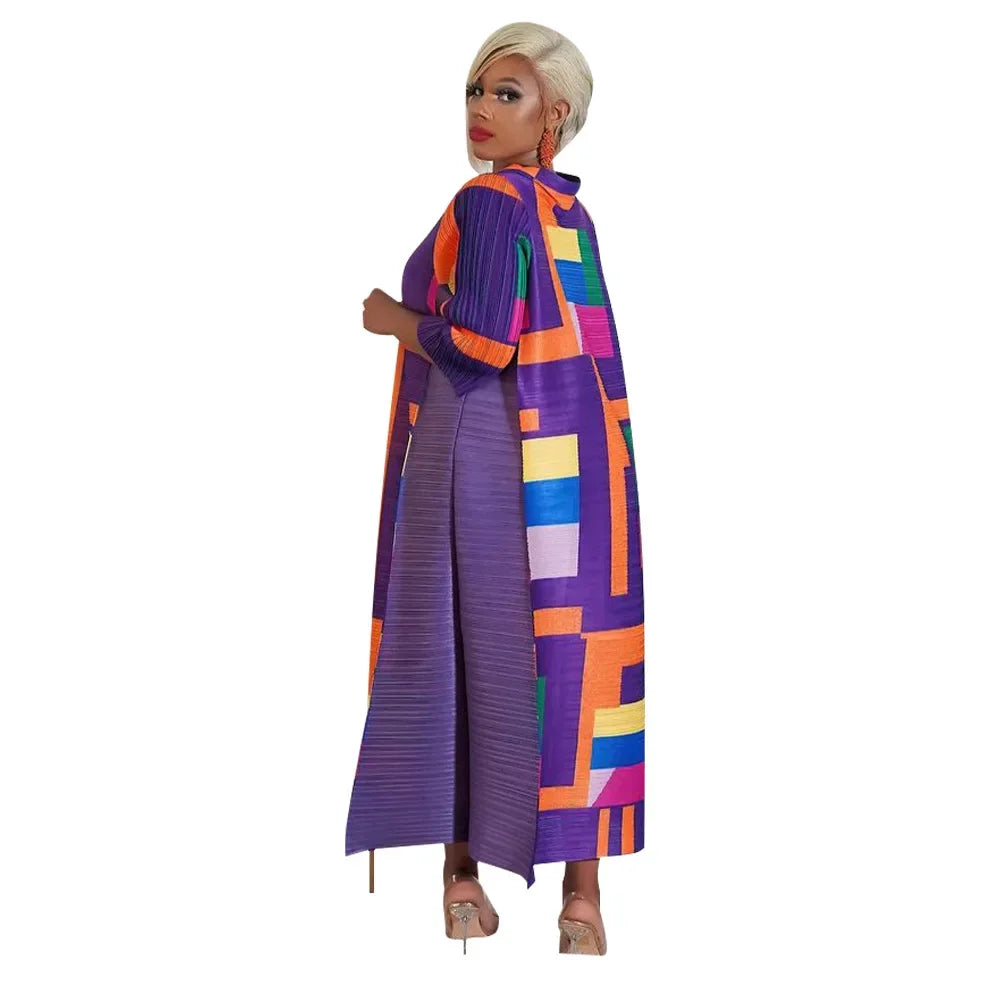 African Dresses for Women Summer Fashion Style African 3/4 Sleeve Polyester O-neck Pleated Dress Dashiki African Clothes Women