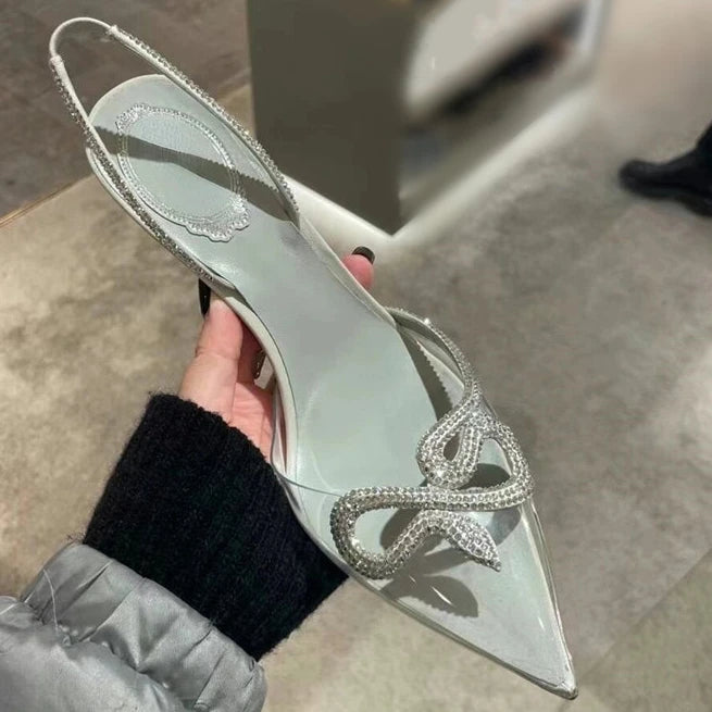 2024 Spring and Summer New Rhinestone High Heels Women's Thin Heels Pointed Sandals Transparent One-word Buckle Bag Head Shoes