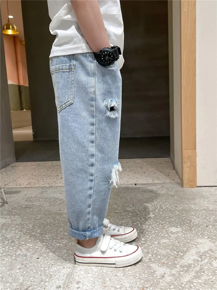 Kids Boys Pants Summer Ripped Jeans New Fashion Children's Baby Loose Casual Jeans Pants Boy and Girl Trousers