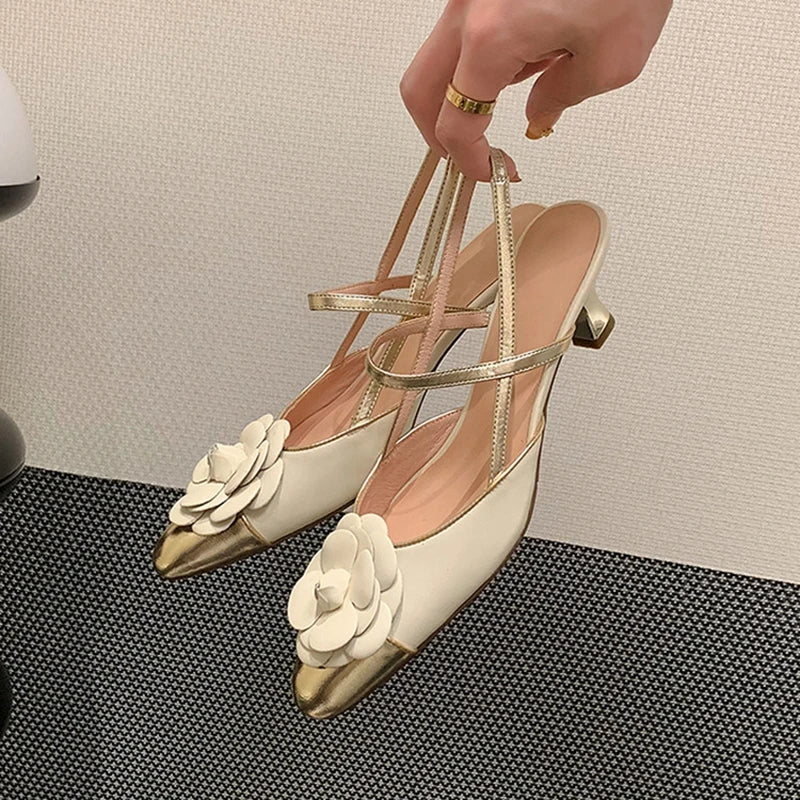 NEW Summer Women Sandals Split Leather Shoes for Women Round Toe High Heel Modern Sandals Flower Slingback Mixed Colors Shoes