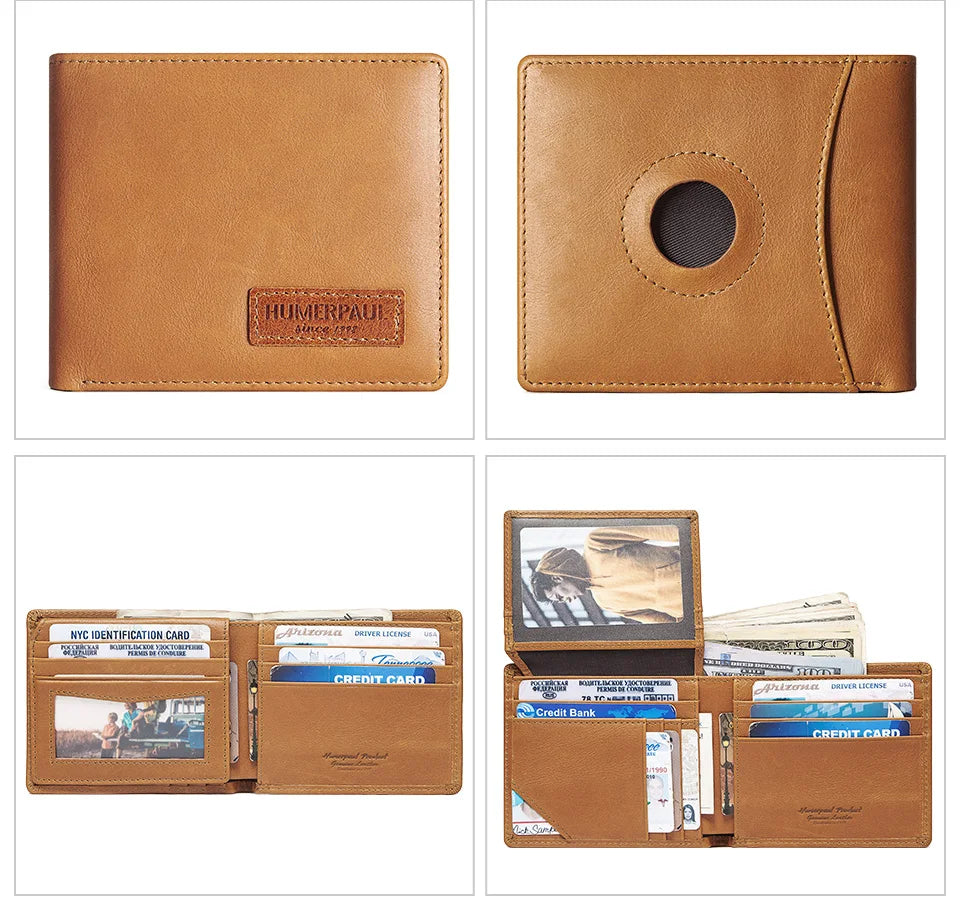 HUMERPAUL Airtag Wallet For Men Real Leather RFID Trifold Card Holder Case with ID Window Slim Anti-lost Purse