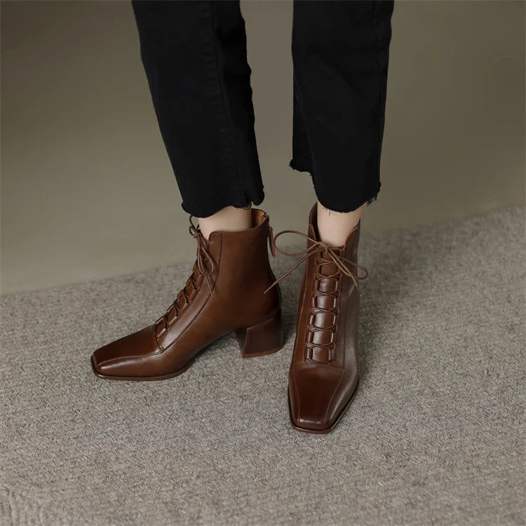 2026 Fashion Women Shoes Split Leather Short Boots Square Toe Chunky Boots Winter Shoes Women Solid High Heel Boots for Women