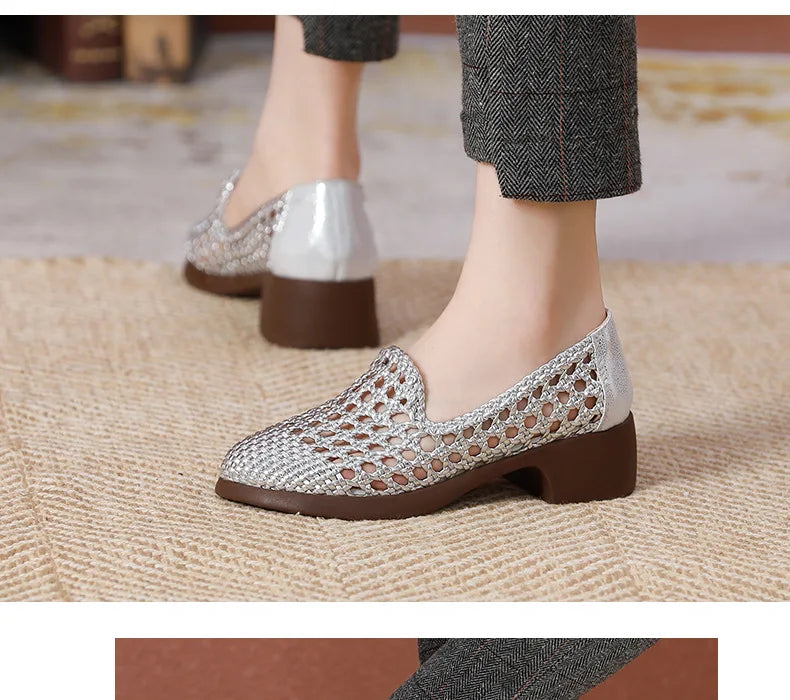 Summer Hollow Woven Breathable Shoes Women Sandals Big Size Thick Heels Genuine Leather Shoes Summer Casual Sandals