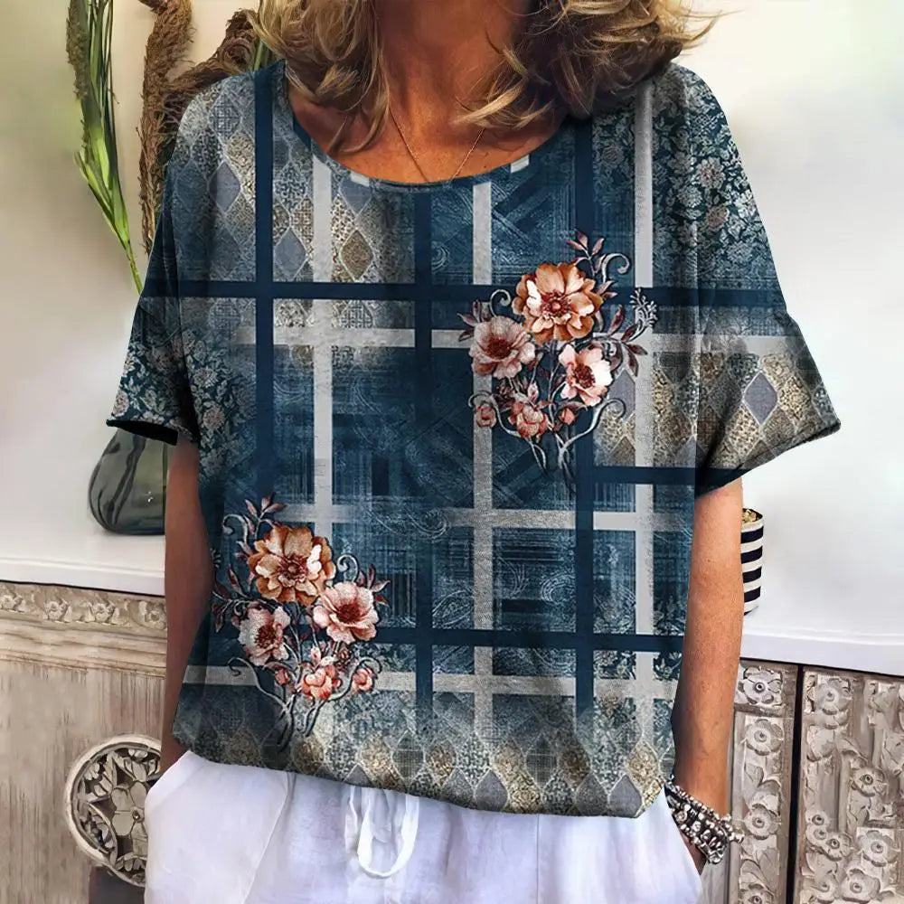 Summer Plaid T Shirt For Women O Neck Casual Sweatshirt New Tees Harajuku Clothing Loose Short Sleeve Blouse Female Fashion Tops