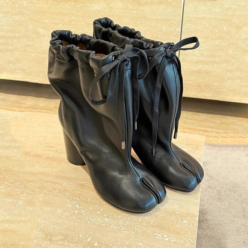 Street Style Fashion Split Toe Women Mid-calf Boots Autumn Winter Genuine Leather Tabi High heels Modern Chunky Booties Shoes