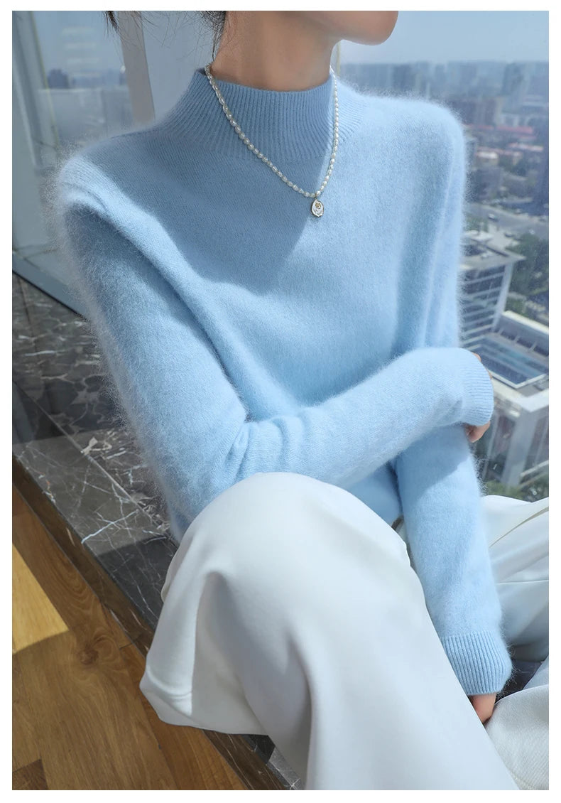 2024 Autumn And Winter New Women's Semi High Neck New Fashion Mink Sweater Long Sleeved Loose Sweater Slimming Knit Sweater Base