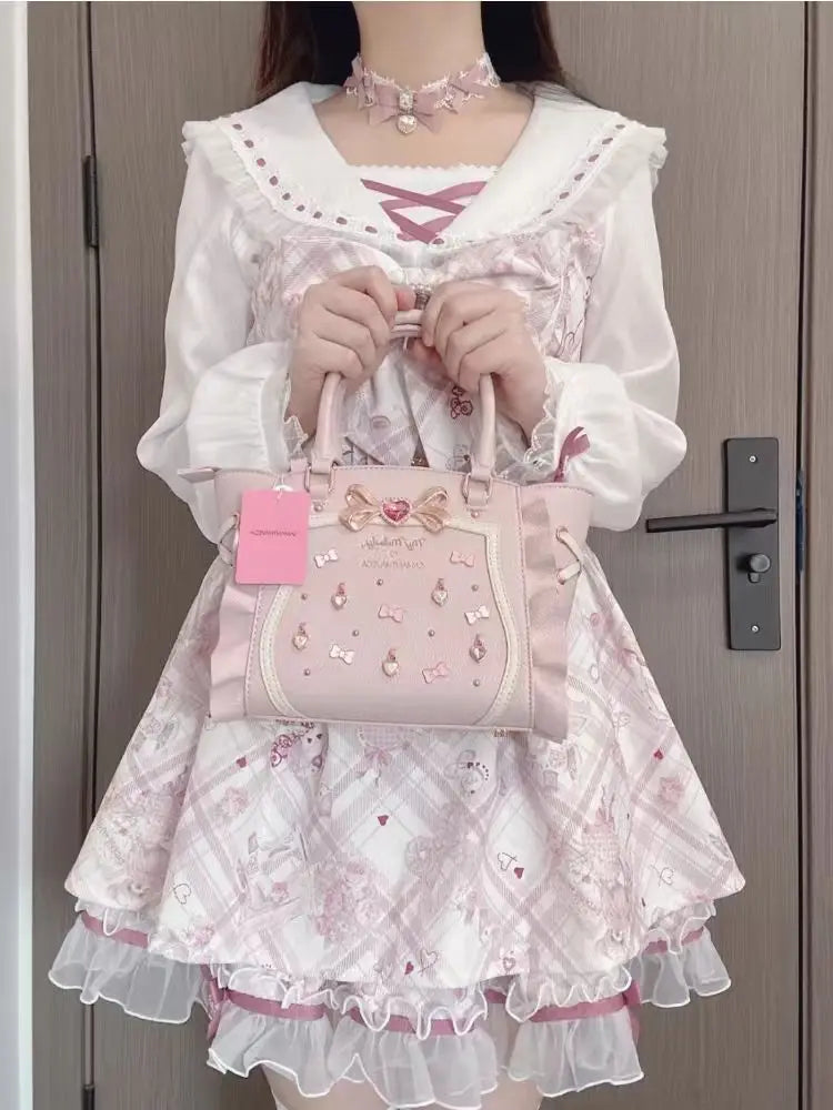 Japanese Sweet Cute Slim Dress Women Kawaii Chic Print Bow Thin Long Sleeve Dresses Female Design Pretty Lovely New Clothing