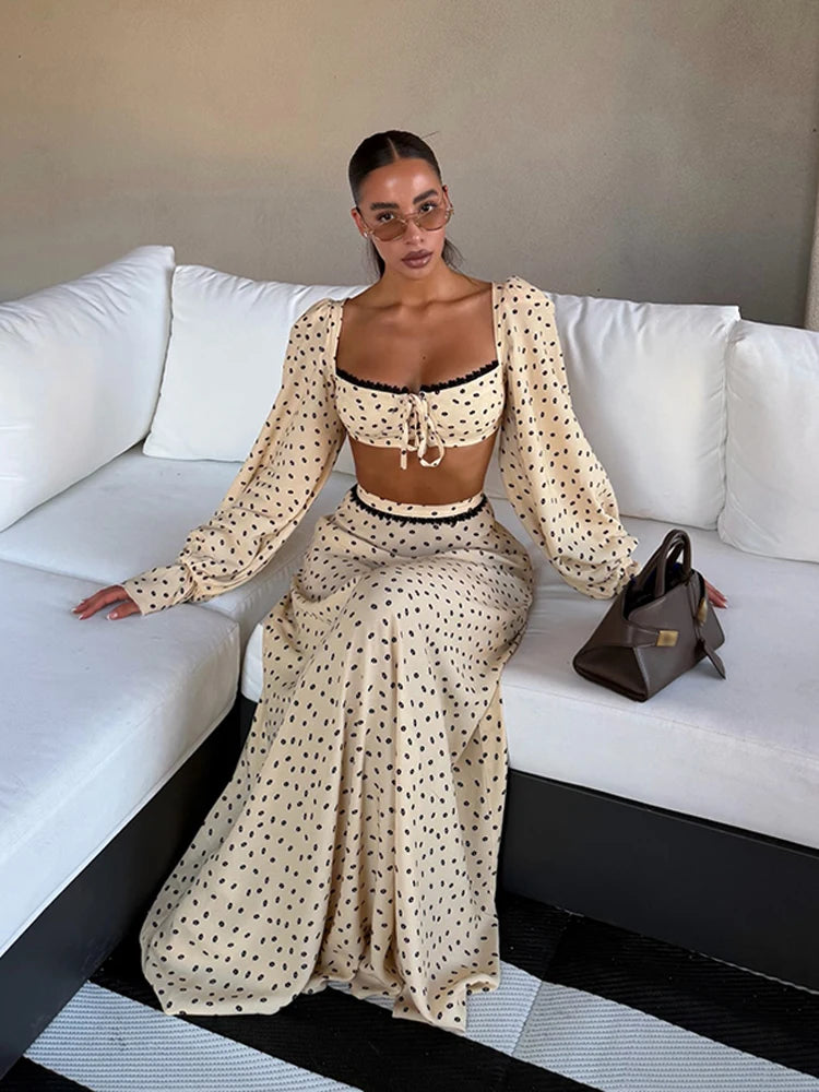 Fashion Women's Polka Dot Long Skirt Set Square Neck Lantern Sleeve Lace Crop Top High Waist A-line Skirts 2026 Summer Lady Suit