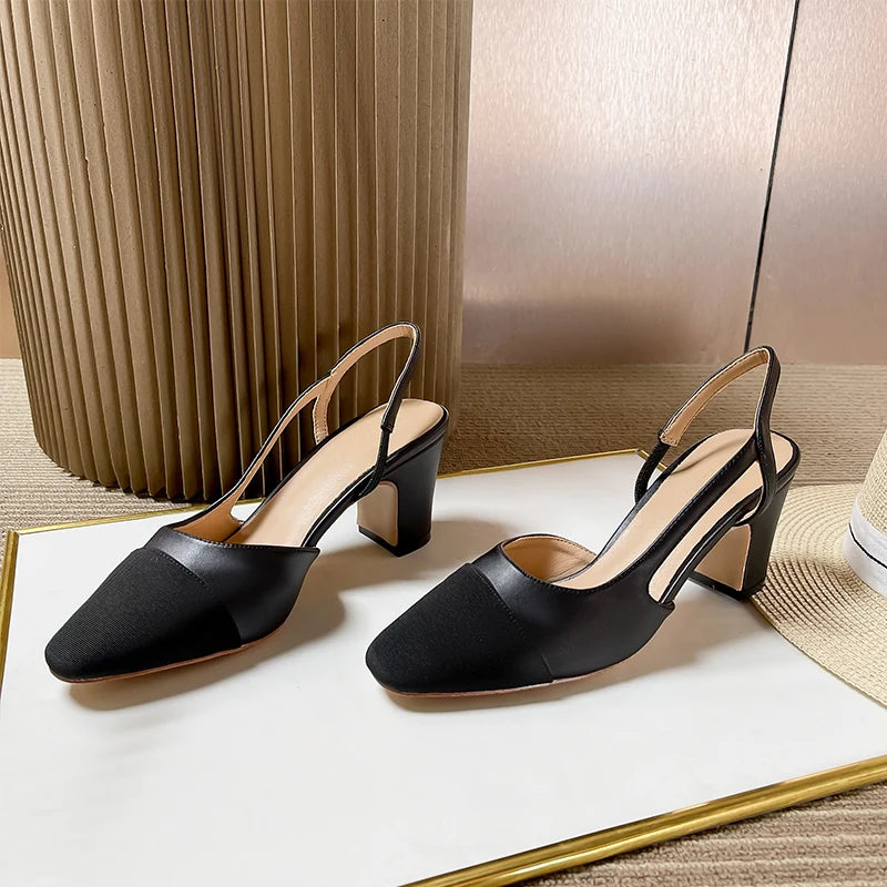 2023Spring Autumn Fashion High Heels Sandals Women's Dress Square Toe Slingback Shoes Women's Color Block Back With Flat Sandals
