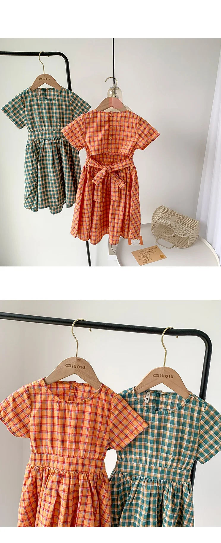 Summer Casual Baby and Girls Cotton Plaid Single-Breasted Short-Sleeved Lace Up Back Dress Kids Lovely Outfit Clothing 2-8 Years