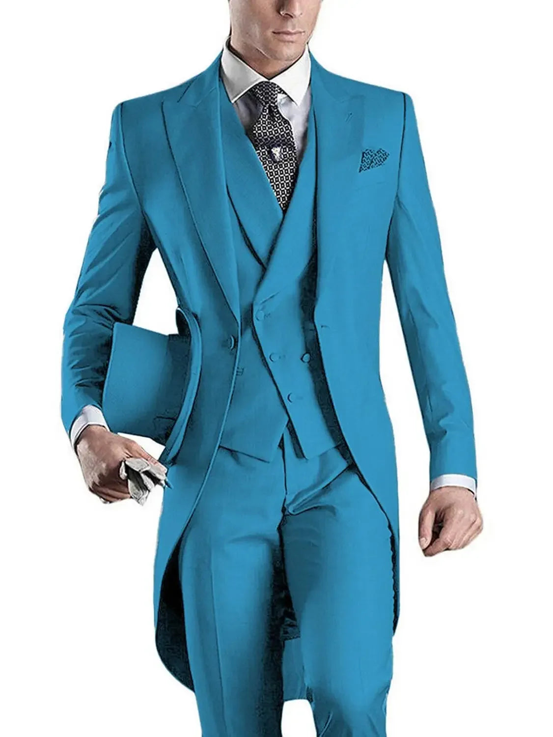 Royal Blue Long Tail Coat 3 Piece Gentleman Man Suits Male Fashion Groom Tuxedo for Wedding Prom Jacket Waistcoat with Pants