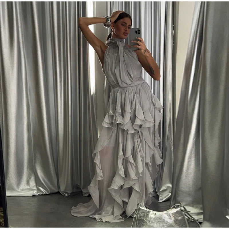 Sexy Cascading Ruffle Pleated Women Long Dress Fashion Lace Up Sleeveless Empire Female Dresses 2026 Spring Summer Lady Robe New